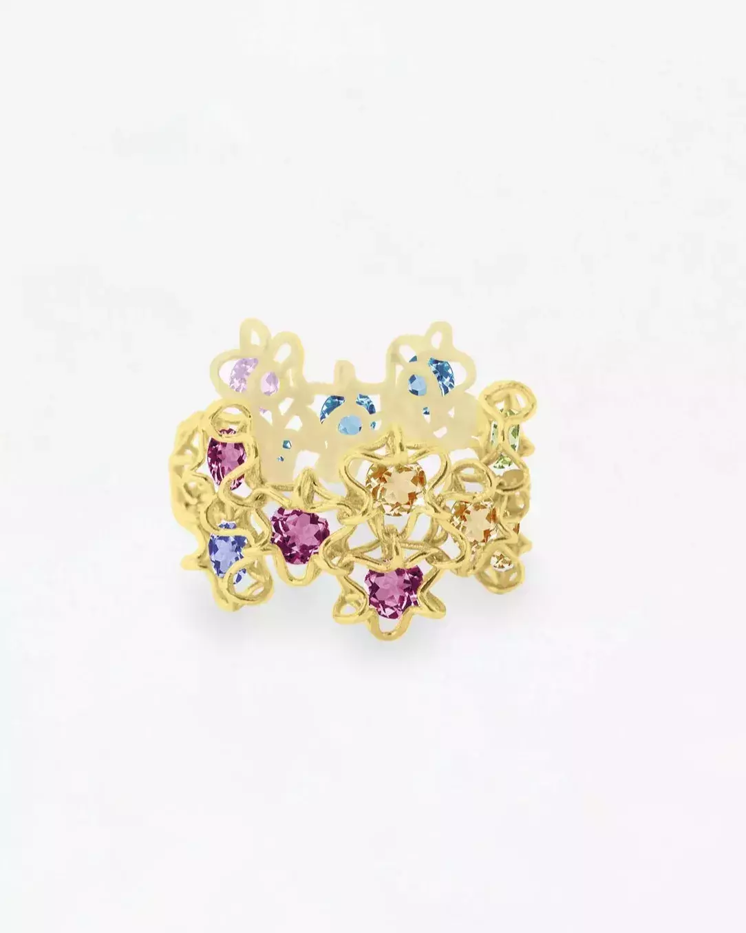 Boltenstern Rainbow Ring aus Gelbgold mit farbigen Edelsteinen und filigraner dreidimensionaler Struktur